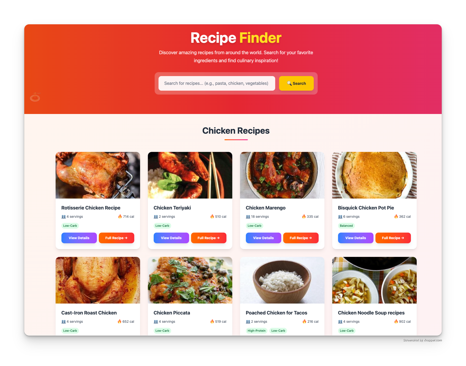 website screenshot of recipe website